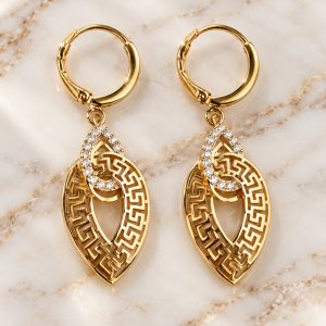 Zlatne viseće minđuše sa grčkim ornamentom i prozirnim kristalima, MIN-17