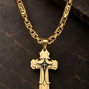 Zlatni muški lanac od hirurškog čelika sa krstom, crnim detaljima i geometrijskim ornamentom, OGR-3